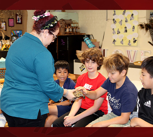 Teacher showing turtle to students