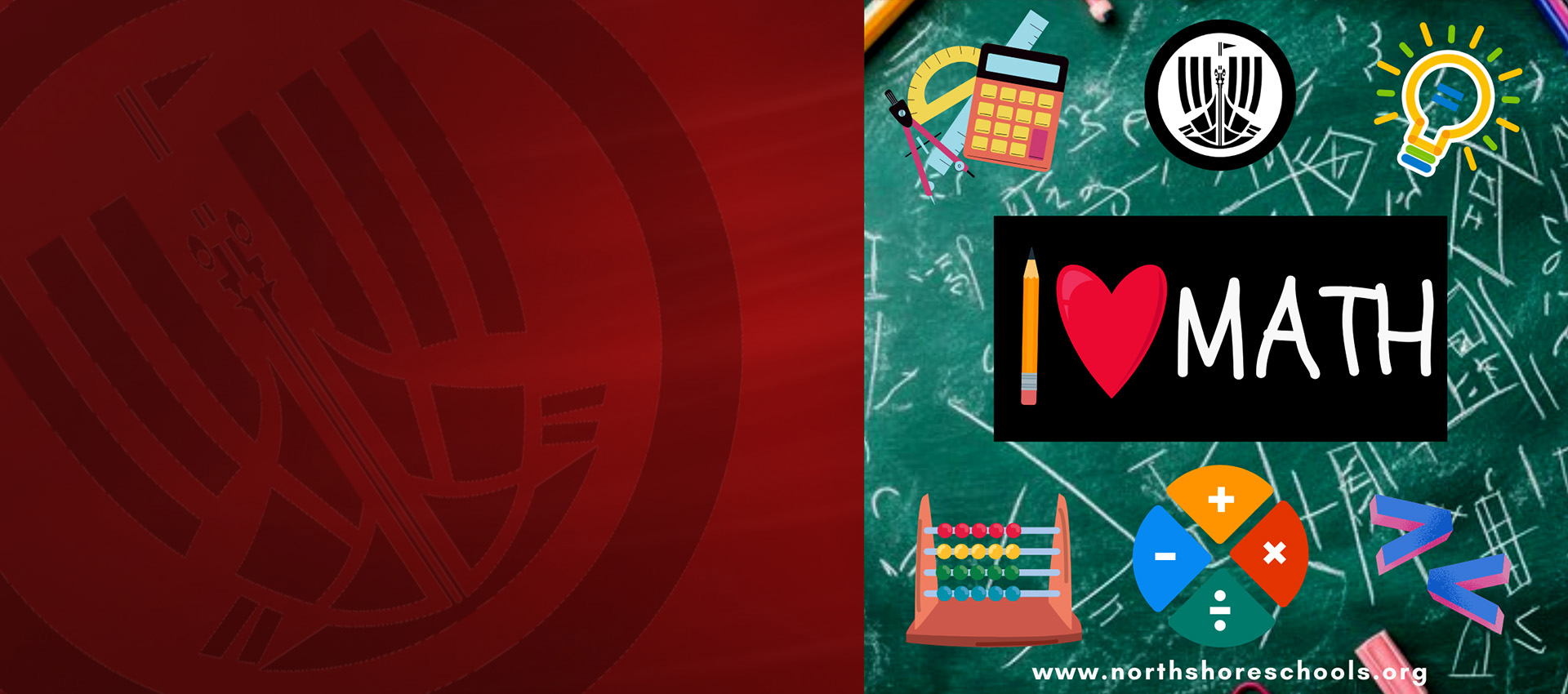 Graphic with chalkboard background reading “I Love Math,” surrounded by colorful math icons and school symbols.