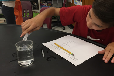 student pouring liquid into beaker